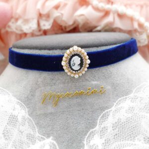 Victorian Style Cameo Navy Blue Velvet Choker Necklace , Skinny Velvet Collar, Regency Elegance Fairy Core Jewellery