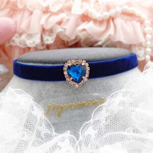 Victorian Style Heart Rhinestone Navy Blue Velvet Choker Necklace , Skinny Velvet Collar, Regency Elegance Princess Core Jewellery