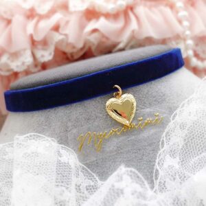 Heart Locket Charm Navy Blue Velvet Choker Necklace, Skinny Velvet, Coquette Regency Jewellery