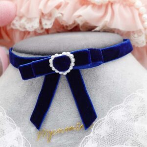 Coquette navy blue velvet bow choker necklace , faux pearl heart , soft girl core collar jewellery
