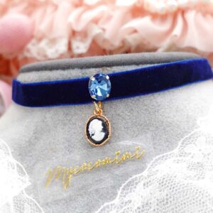 Victorian Style Tiny Cameo Navy Blue Velvet Choker Necklace, Blue Rhinestone, Skinny Velvet Collar, Regency Princess Core Jewellery