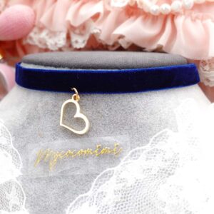 Classic Navy Blue Velvet Skinny Choker Necklace with gold heart pendant, dainty handmade jewellery gift for her