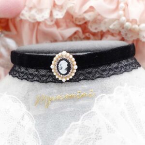 Victorian Style Cameo Black Velvet Lace Choker Necklace , Regency Goth Jewellery