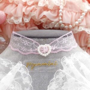 Baby Pink Lace Choker Necklace, Faux Pearl Heart, Coquette Cute Jewelry Day Collar Romantic Sweet