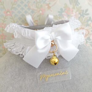 White Lace Ruffles Kitten Play Collar Choker Necklace, Gold Bell, Romantic Whimsy Accessories