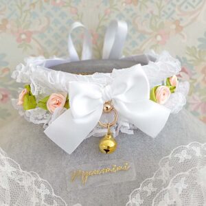 Fairy Core Flower White Lace Ruffles Kitten Play Collar Choker Necklace, Gold Bell, Romantic Whimsy Accessories