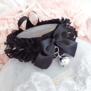 Black Lace Kitten Play Collar Choker, Goth Spikes Bow Bell , Alternative Fashion Accessory