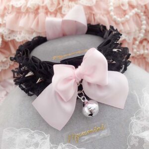 Black Lace Ruffles Kitten Play Collar Choker, Spikes Baby Pink Bow Bell, goth alternative fashion accessories