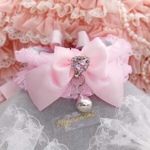 Dreamy Baby Pink Lace Kitten Play Collar choker necklace , Heart Rhinestone Bow Bell , Pastel Cute Alternative Accessories