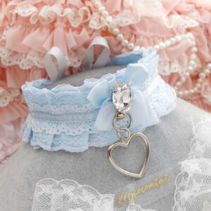 Baby blue satin choker necklace kitten play collar, white lace rhinestone bow heart charm, pastel alternative jewellery