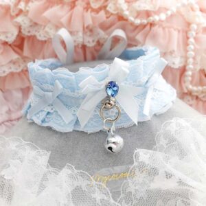 Dreamy Baby blue kitten play collar choker necklace, white lace rhinestone bow bell, soft girl pastel jewellery
