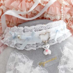 Teddy Bear White Lace kitten play collar choker necklace, baby blue bow pearl heart, kidcore soft girl pastel jewellery