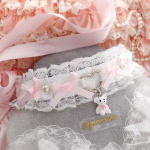 Teddy Bear White Lace kitten play collar choker necklace, baby pink bow pearl heart, kidcore soft girl pastel jewellery