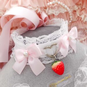 Sweetheart Strawberry heart kitten play collar choker necklace, white lace baby pink bow pearl, kawaii ddlg alternative jewellery