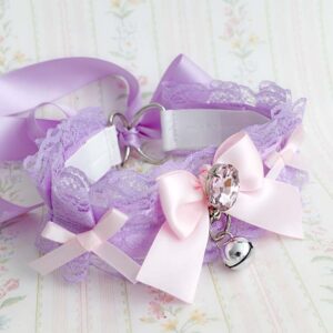 Kitten Play Collar ,Lilac Purple Lace Choker Necklace, Baby Pink Rhinestone Bow Bell , Princess Lolita DDLG Jewelry Cosplay