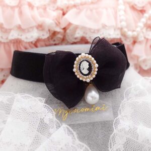 Victorian Cameo Black bow velvet choker necklace, Pearl Charm goth day collar, gift for her
