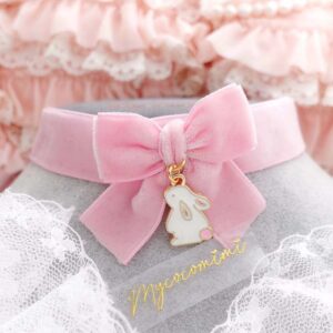 Baby Pink Velvet Bow Rabbit Bunny Pendant Choker Necklace , Coquette Core jewelry ,Gift for her