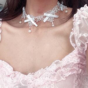 Coquette baby blue bow pearl white lace choker necklace , romantic elegance regency core jewellery