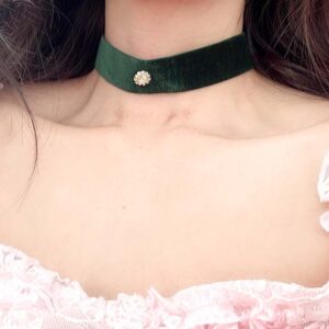 Royal Green Velvet Choker Necklace Collar , Regency Victorian Rhinestone charm, Tie Closure , classy princess core