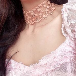 Flower Light Orange Lace Choker Necklace, Rhinestone, Wide Collar, Fairy Princess Core Jewellery