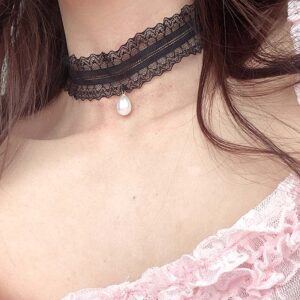 Dainty Black Lace Choker Necklace with Faux Pearl Charm, Regency Classic day collar ,soft girl gift for her