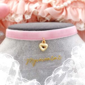 Little Gold Heart Baby Pink Velvet Choker Necklace , Skinny Collar, Simple Elegance Princess Core Jewellery, Gift for her