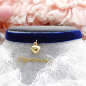 Little Gold Heart Navy Blue Velvet Choker Necklace , Skinny Collar, Simple Elegance Princess Core Jewellery, Gift for her