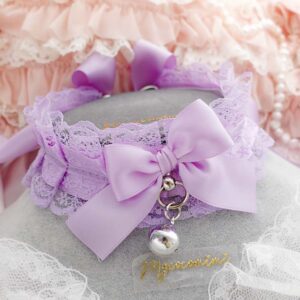Lilac Purple Lace Choker Necklace Kitten Play Collar, with bow and bell, pastel alternative jewellery