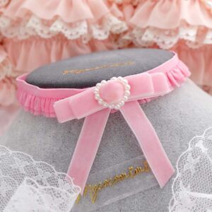 Pink Velvet Bow Ruffles Lace Choker Necklace with Pearl Heart , Simple Coquette Princess Core Women Jewellery, Gift for her