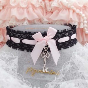 Whimsical Key Pendant Black lace baby pink bow choker necklace collar, cute jewelry collar pastel goth