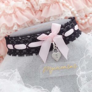 Black lace pink bow choker necklace collar ,little heart lock sharp pendant , cute jewelry collar pastel goth