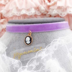 Victorian Cameo Charm Lilac Purple Velvet Choker Necklace , Skinny Collar, Regency Fairy Core Women Jewellery Gift for her