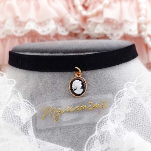 Victorian Style Cameo Charm Balck Velvet Choker Necklace , Skinny Collar, Regency Fairy Core Women Jewellery Gift for her