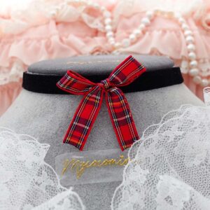 Red Gingham Check Bow Black Velvet choker necklace , cute collar goth kawaii style, Gift for her