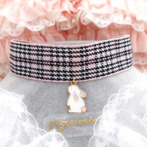 Pink and Black Houndstooth Choker Necklace Rabbit Bunny pendant , kawaii core jewelry day collar, handmade gift for her