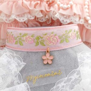 Pink Small flower Pendant embroidery Choker Necklace, Secret Garden fairy core jewelry day collar, handmade gift for her