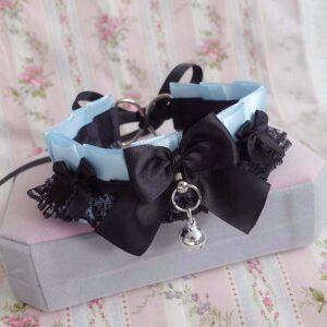 Baby blue satin kitten play collar choker necklace , black lace ruffles bow with a bell , pastel goth neko girl alternative jewelry