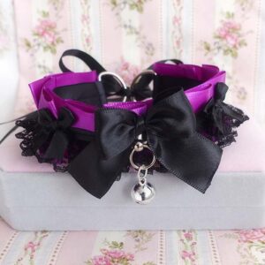 Purple satin kitten play collar choker necklace , black lace ruffles bow with a bell , pastel goth neko girl alternative jewelry