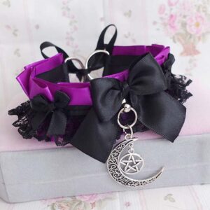 Purple Kitten Play Collar choker necklace Crescent Moon Pentagram, Black Lace ruffles bow, goth whimsigoth Jewellery