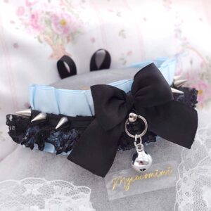 Spikes Baby blue satin kitten play collar choker necklace, black lace ruffles bow with a bell , pastel goth neko girl alternative jewelry