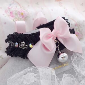 Skull Baby Pink Bow Black Lace Ruffles kitten pet play collar choker necklace, with bling and bell , pirate core soft pastel goth