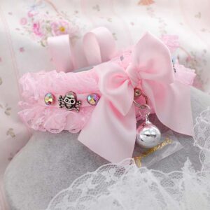 Skull Baby Pink Bow Lace Ruffles kitten pet play collar choker necklace, with bling and bell , pirate core soft kawaii pastel goth