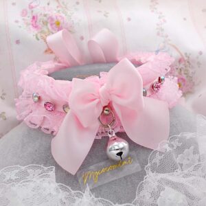 Bling Rhinestine Baby Pink Bow Lace Ruffles kitten pet play collar choker necklace with a bell , princess core soft kawaii pastel goth