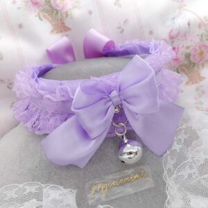 Lilac Light Purple Bow Lace Ruffles kitten play collar choker necklace with a bell , princess core soft kawaii pastel Jewellery