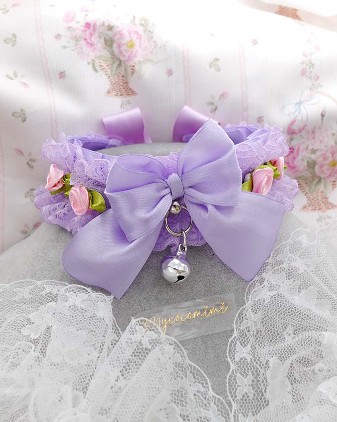Lilac Lace Ruffle Choker – Pink Flower Bow Kitten Play Collar with Bell, Fairycore Soft Pastel Necklace, Cute Kawaii Jewellery - Image 3