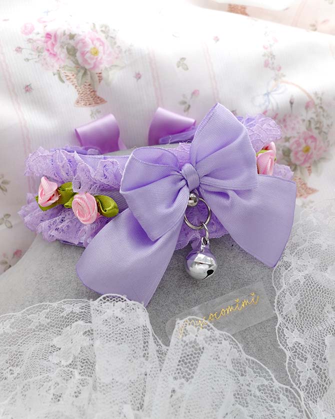 Lilac Lace Ruffle Choker – Pink Flower Bow Kitten Play Collar with Bell, Fairycore Soft Pastel Necklace, Cute Kawaii Jewellery - Image 4