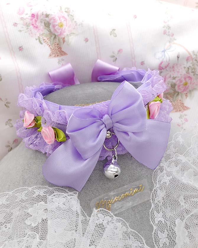 Lilac Lace Ruffle Choker – Pink Flower Bow Kitten Play Collar with Bell, Fairycore Soft Pastel Necklace, Cute Kawaii Jewellery