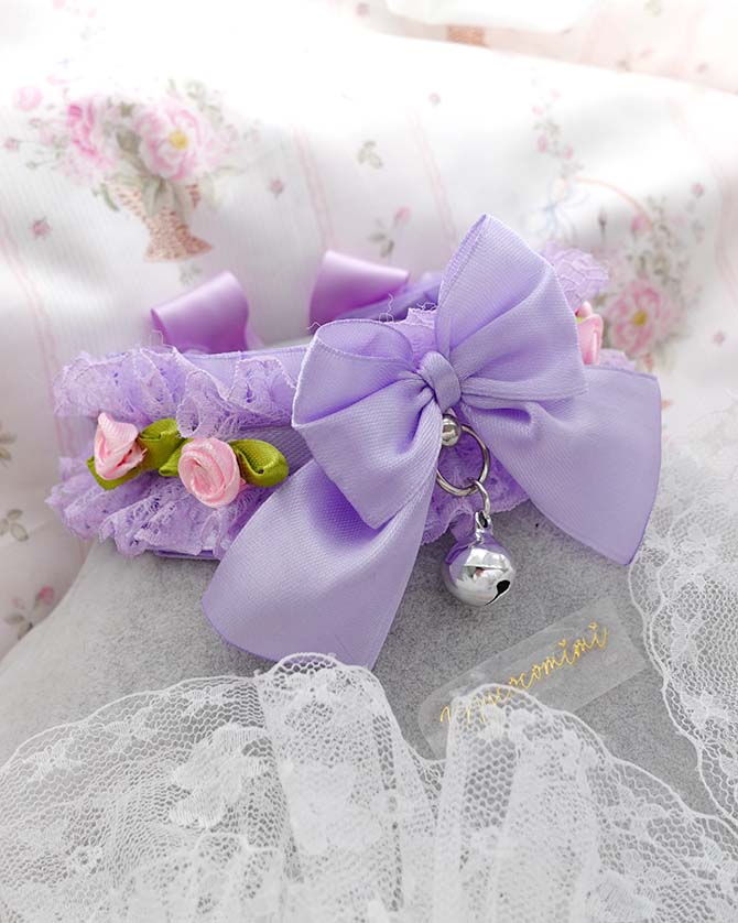 Lilac Lace Ruffle Choker – Pink Flower Bow Kitten Play Collar with Bell, Fairycore Soft Pastel Necklace, Cute Kawaii Jewellery - Image 2