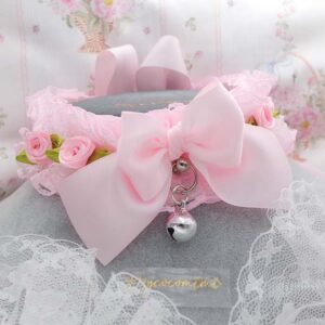 Flower Baby Pink Lace Kitten Play Collar Choker Necklace with Bell, Fairy core Whimsical Alternative Jewellery, Gift for her