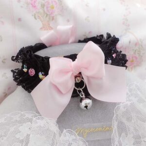 Bling Rhinestone Baby Pink Bow Black Lace Ruffles kitten pet play collar choker necklace with a bell , kawaii pastel goth